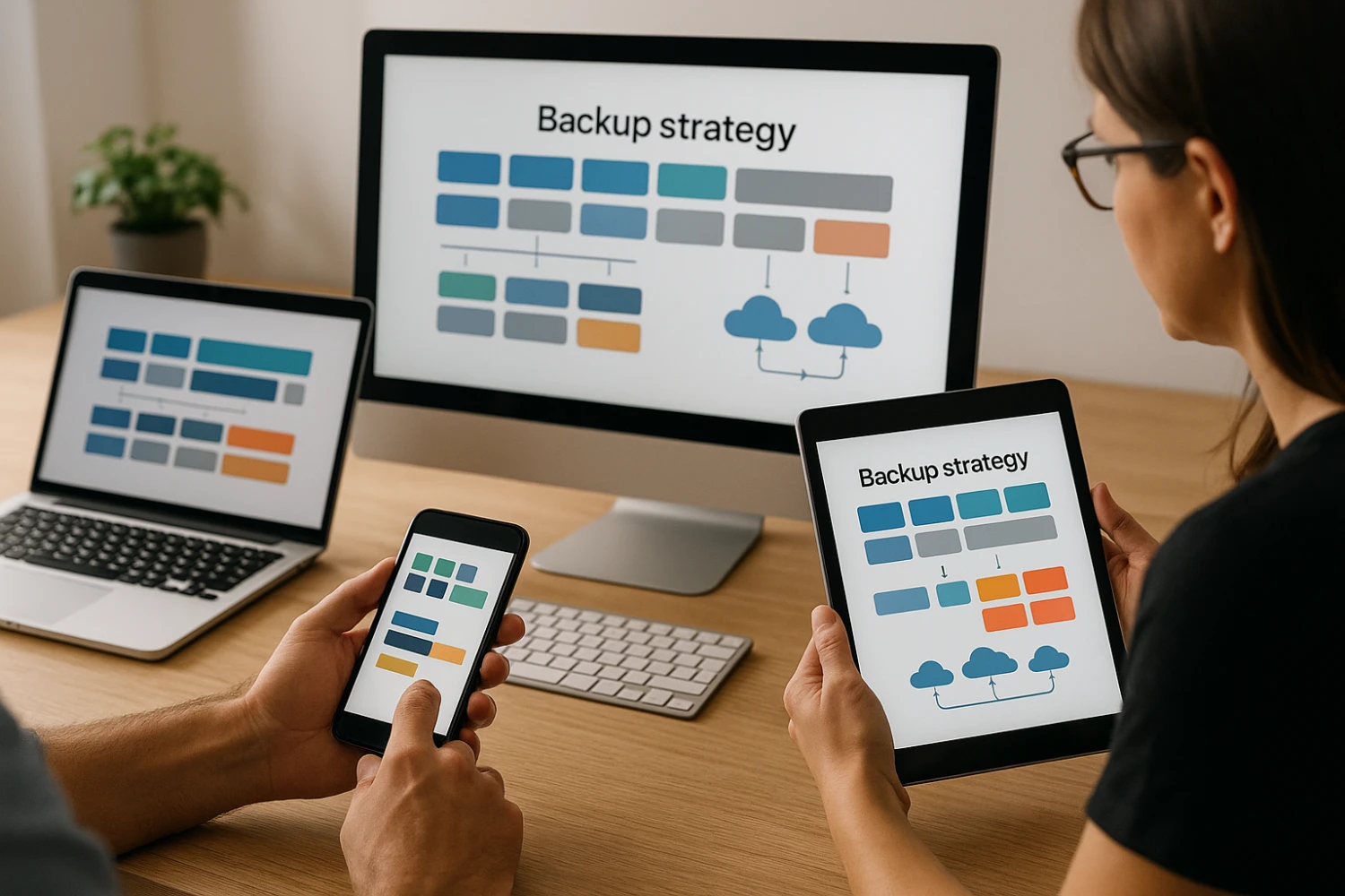 Backup strategy panel with multiple restore points and offsite copies